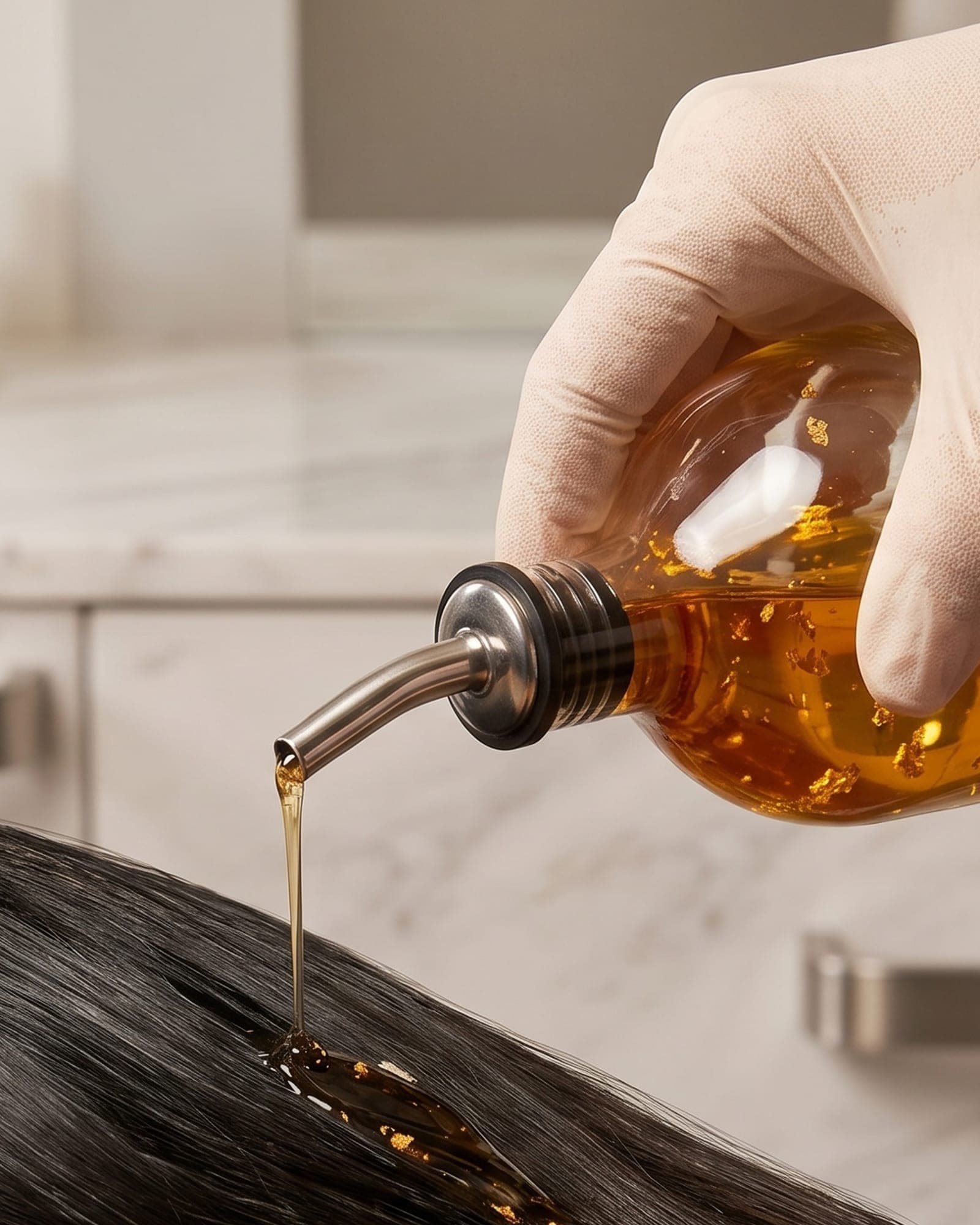 Warm hair oil being poured onto a guest scalp during a Hair Oiling enhancement at The Spa on Phillips