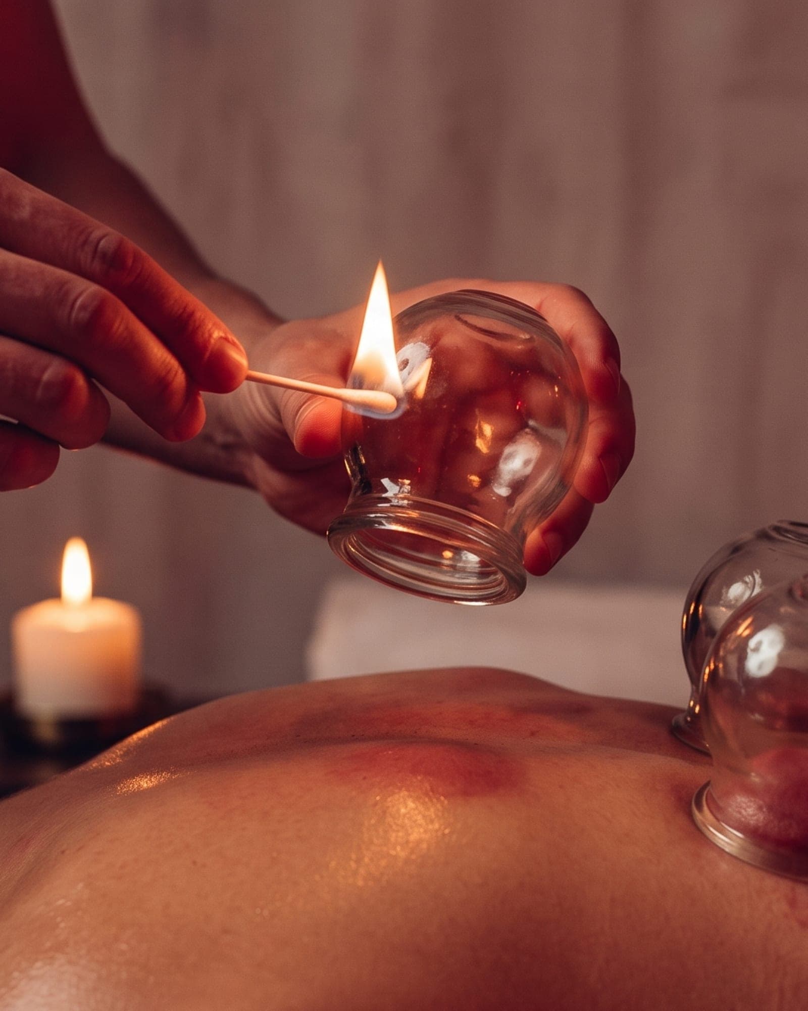 Massage therapist warming a glass cup by candlelight during Cupping Therapy at The Spa on Phillips